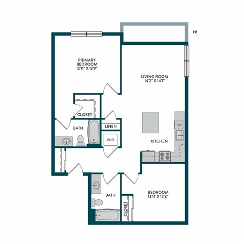 Floor plan for 2 beds, 2 baths, 993 sqft